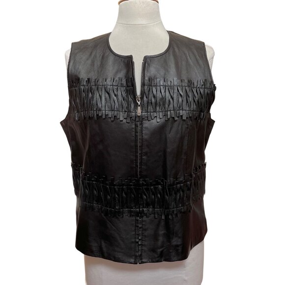 Peter Nygard Womens Black Lamb Leather Sleeveless Vest Fringe Accents Size 14 - Picture 2 of 8